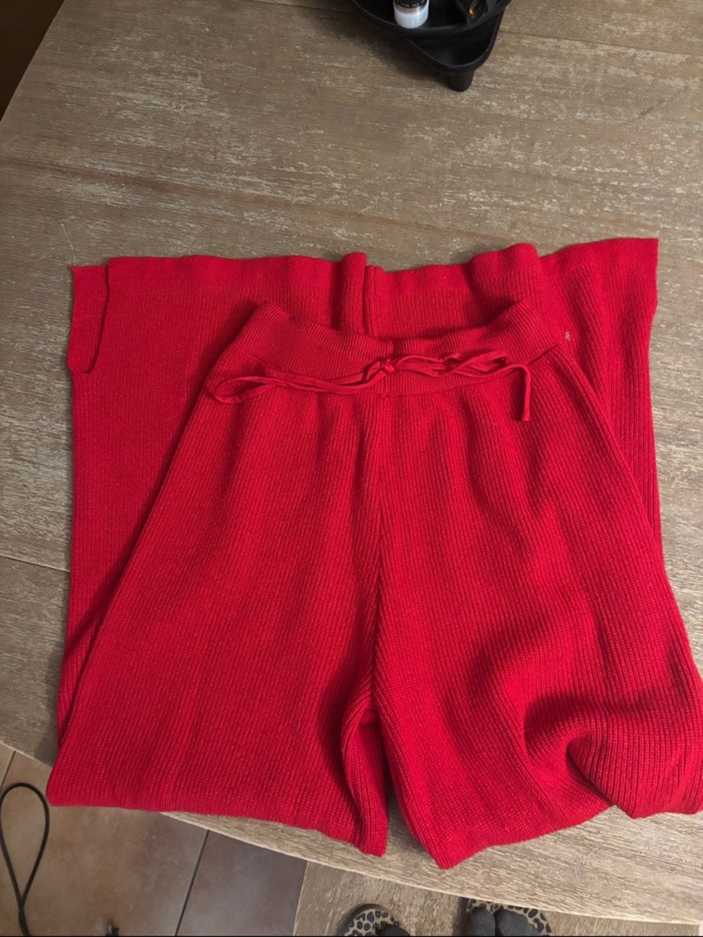 Red Wide-Leg Knit Pants with Drawstring